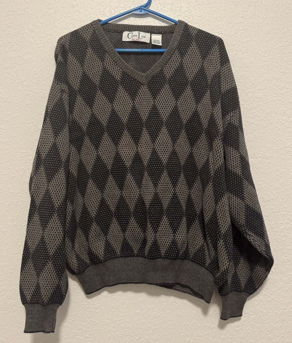 Cypress Links Golf Wear Men's Brown and Black Argyle V-Neck 100% Cotton Sweater